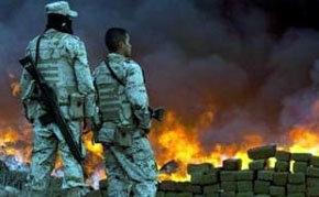 Dos soldados vigilan la quema de 134 toneladas de marihuana el 20 de octubre, en Tijuana, México