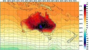 Las zonas en morado indicarán temperaturas por encima de los 50 grados  -Foto: Bureau of Meteorology 
