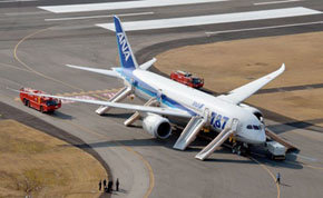 El Boeing 787 Dreamliner; de ANA, tras el aterrizaje de emergencia en Takamatsu. 

