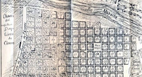 Croquis de la ciudad de Santiago a fines del siglo XVI, donde aparece en la esquina superior izquierda y junto al río Mapocho los Paredones o Tambillos del Inca. Extraído de Thayer (1905). (Dibam.cl)