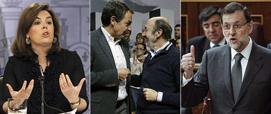 Soraya Sáenz de Santamaría, Zapatero, Rubalcaba y Mariano Rajoy. (EFE)
