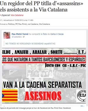 Un concejal del PP califica de “asesinos” a participantes en la cadena humana de la Diada