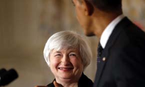 La candidata oficial para ser la próxima presidenta de la Fed, Janet Yellen, y el presidente de Estados Unidos, Barack Obama. (REUTERS) 

