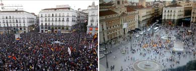 Concentración en la Puerta del Sol a favor de un referéndum (i). EFE. A la derecha, la cita de los monárquicos, este viernes (captura de foto en Twitter)