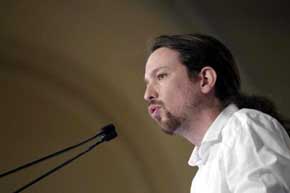 El líder de Podemos, esta mañana, durante su conferencia en el Forum Europa 