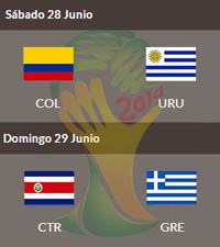 Colombia vs. Uruguay y Costa Rica vs. Grecia en octavos