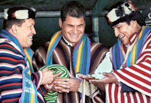 Chávez(i), Correa(c) y Morales(d), tres de los más importantes integrantes del ALBA 