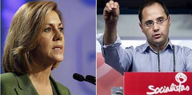 La secretaria general del PP, María Dolores de Cospedal, y el secretario de organización del PSOE, César Luena