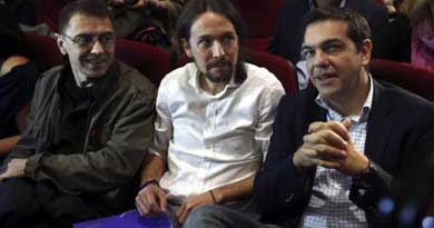 Tsipras, con Monedero e Iglesias, en la designación de éste como secretario general de Podemos 

