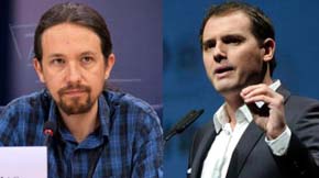 Pablo Iglesias (i) líder de PODEMOS y Albert Rivera de C's