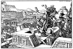 Ilustración que reproduce la muerte de Moctezuma 