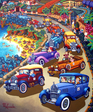“Rally de coches antiguos” el cuadro de Tito Lucaveche, ganador  de la “V Muestra de Arte Naif”