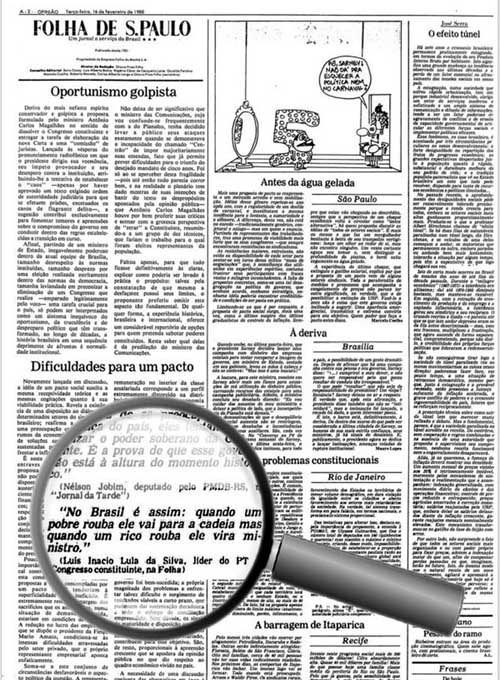 Página de la Folha de São Paulo del 16 de febrero de 1988 en la que se recoge la frase de Lula da Silva
