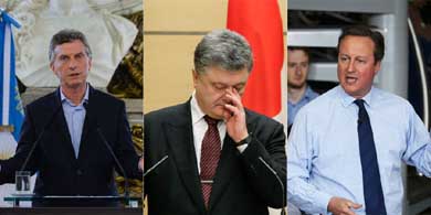 De izquierda a derecha: el presidente de Argentina, Mauricio Macri; el presidente de Ucrania, Petro Poroshenko; y el primer ministro británico, David Cameron.
