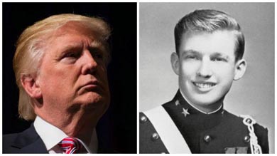 Donald Trump, candidato a la presidencia de Estados Unidos. Al lado, una imagen del anuario de 1964 de la Academia Militar de Nueva York
