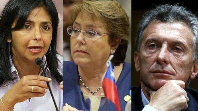 La canciller de Venezuela  Delcy Rodríguez (i), Michelle Bachelet, presidenta de Chile y Mauricio Macri presidente de Argentina  