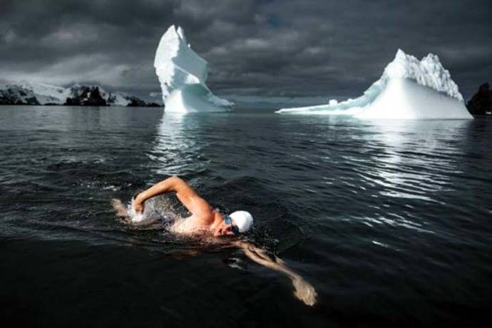 Activista nada entre témpanos de la Antártida para pedir protección oceánica