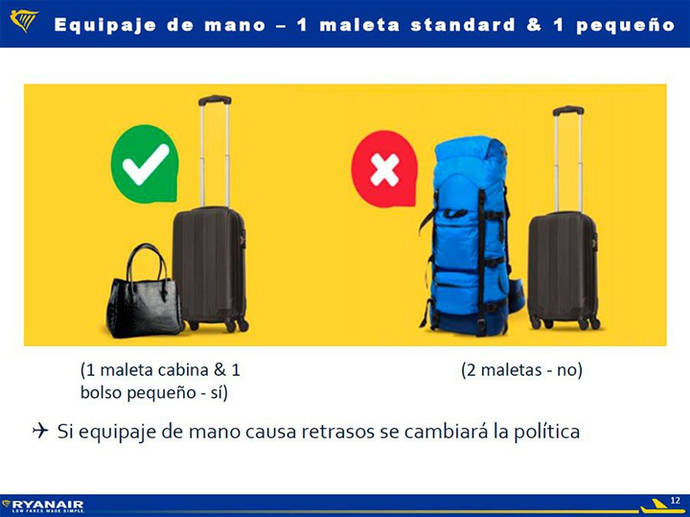 *Diapositiva utilizada por Ryanair en la que anuncia que 'si el equipaje de mano causa retrasos se cambiará la política' de equipaje