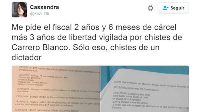 Tuit de Cassandra en el que denunciaba la petición del fiscal 