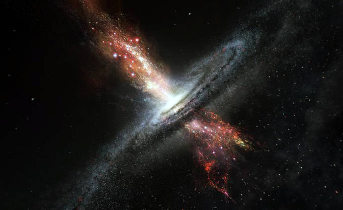 lustración de una galaxia formando estrellas dentro de los potentes chorros de material lanzados por los agujeros negros supermasivos situados en su centro