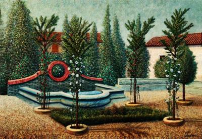 Enrique Pedrero Muñoz. (Plazuela de Bernardo de Balbuena de los años 60) 120 X 81 cm. Ejecución, año 2005. (Etapa puntillista)