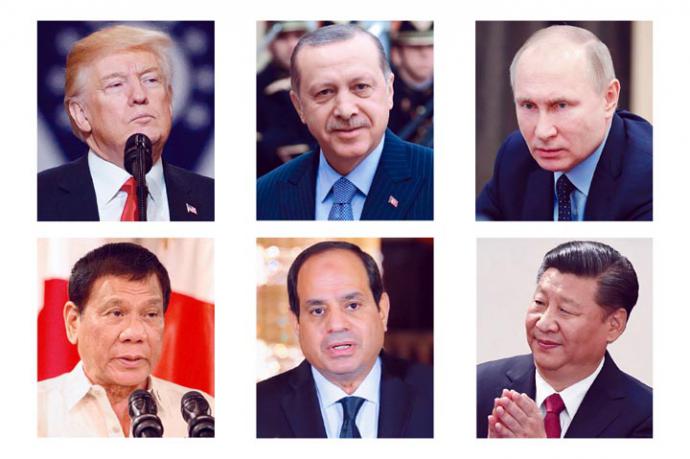 Donald Trump, EE.UU.; Recep Tayyip Erdogan, Turquía; Vladimir Putin, Rusia; Rodrigo Duterte, Filipinas; Abdel Fatah Al-Sisi, Egipto; Xi Jinping, China. 