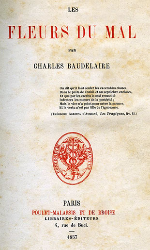 Primera portada del libro “Les Fleurs du Mal” de Charles Baudelaire. Edición de Libraires-Editheurs. París, 1857.