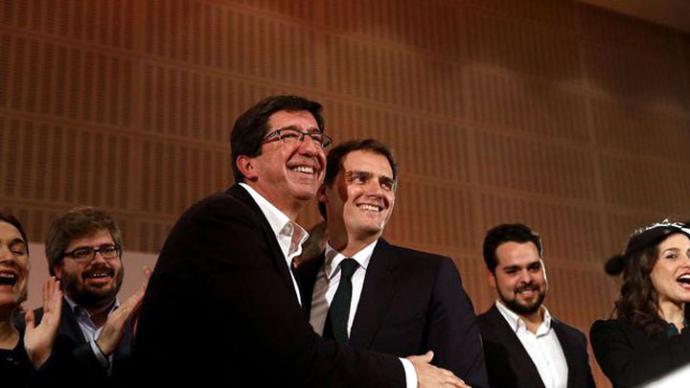 Juan Marín y Albert Rivera celebran los 21 escaños en el Parlamento de Andalucía