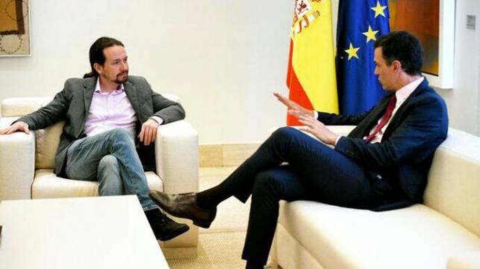 Pedro Sánchez y Pablo Iglesias en su primera reunión tras el 28A. Dani Gago (PODEMOS)