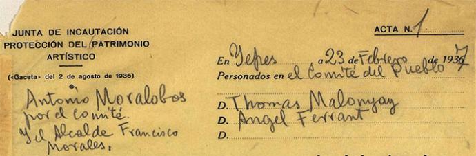 Detalle del acta de incautación del 23/2/1937  del retablo de Yepes   dice sólo  de Yepes. Gracias (Toledo)