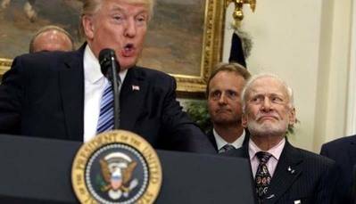 Los gestos de desconcierto de Buzz Aldrin por el discurso de Trump sobre el espacio