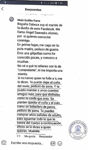 Captura de la conversación de Facebook que se ha presentado como prueba en la Guardia Civil.