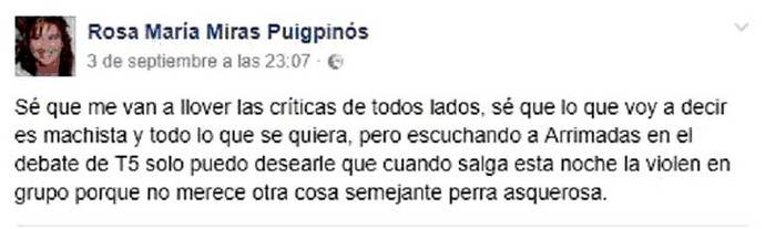 Mujer pidió en Facebook que una diputada española fuese violada