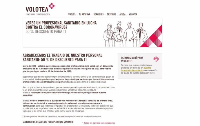 Promoción para sanitarios en la web de Volotea. 
