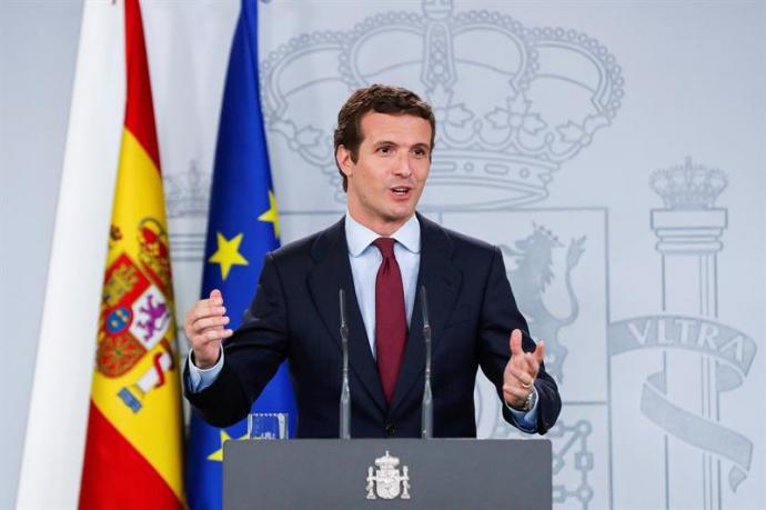 El líder del PP, Pablo Casado, durante su comparecencia