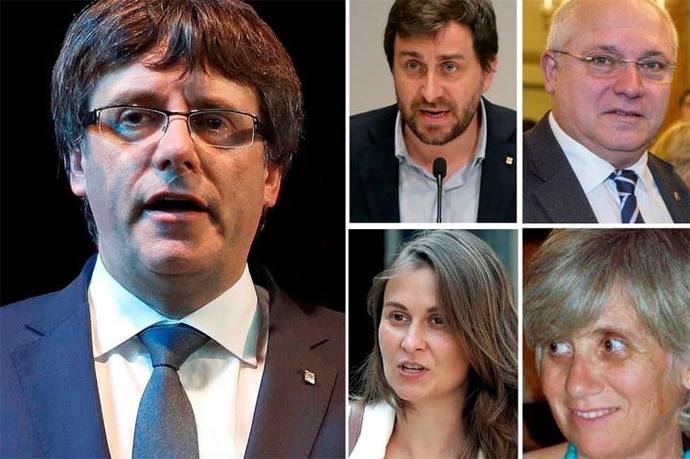 De izquierda a derecha y de arriba a abajo: el expresidente del Gobierno catalán Carles Puigdemont (i) ,el exconsejero de Salud Antoni Comin, el de Cultura Lluís Puig , de Agricultura Meritxell Serret , y de Enseñanza, Clara Ponsatí.