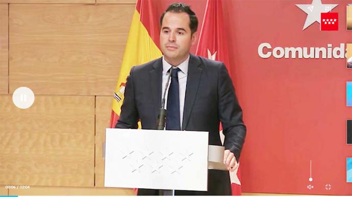 - "La situación en Madrid es preocupante". Lo dice el vicepresidente y portavoz del Gobierno de la Comunidad de Madrid, Ignacio Aguado (Captura de pantalla)