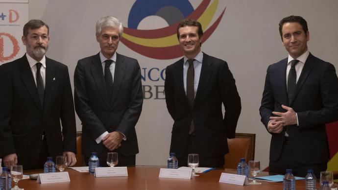 Suárez Illana, Casado y García Egea, en octubre de 2018, durante la presentación de la Fundación Concordia y Libertad. PP 