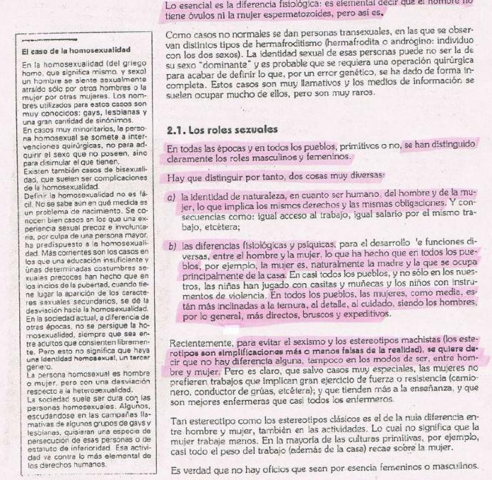 Una hoja del manual sobre sexualidad repartido por el profesor apartado.