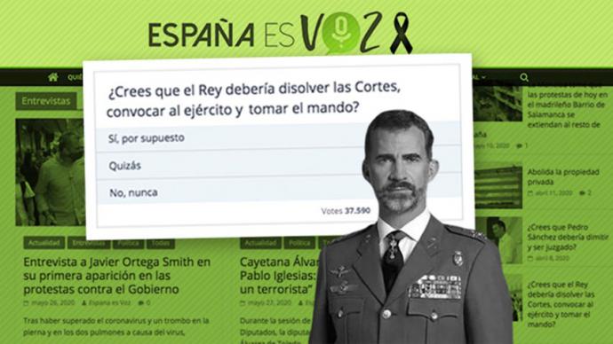Una web vinculada a Vox pregunta si 'el rey debería disolver las Cortes, convocar al Ejército y tomar el mando'
