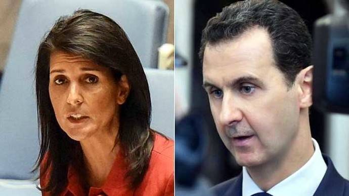 La embajadora estadounidense en la ONU, Nikki Haley y el presidente sirio, Bashar al Asad