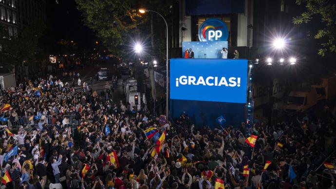 Celebración del triunfo de Ayuso en la sede del PP de la calle Génova de Madrid, el pasado martes. PP 