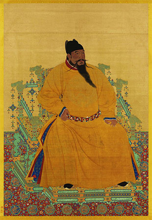 Retrato de Zeng He, con sombrero negro, bigote y túnica amarilla de elaborado diseño por su alto rango y posición en la corte imperial Ming