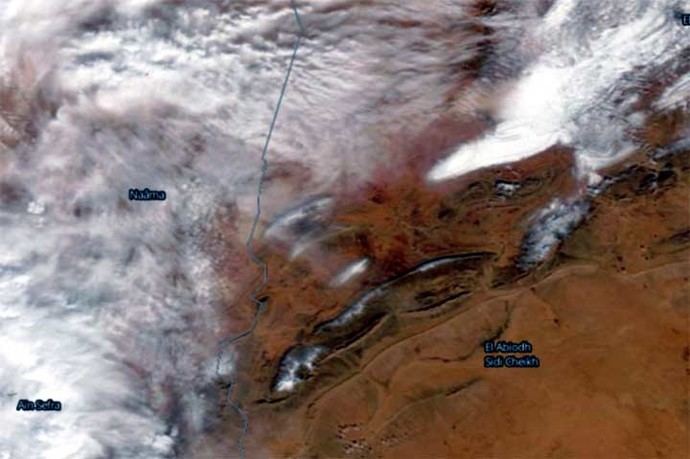 Imagen satelital de Ain Sefra (Argelia) durante la nevada.Nasa Worldview