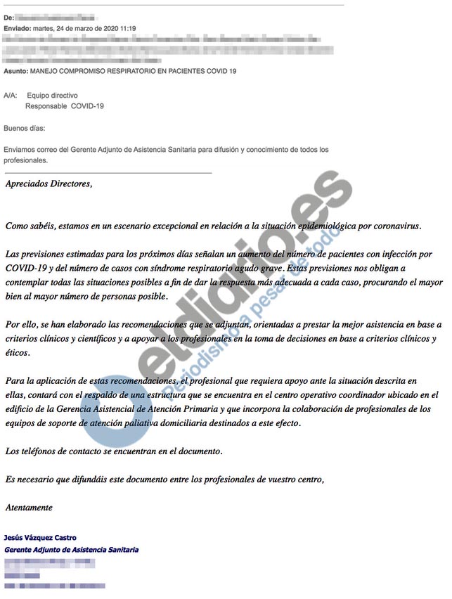 Madrid justificó en un correo las directrices a los médicos de Primaria para no trasladar al hospital a pacientes mayores