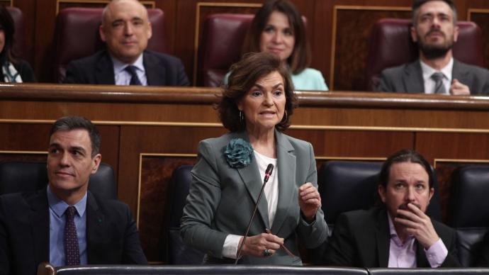 La vicepresidenta del Gobierno, Carmen Calvo, durante una intervención en el Congreso.
