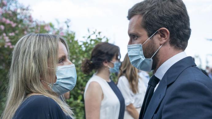 Marimar Blanco, Isabel Díaz Ayuso y Pablo Casado, este lunes, durante el homenaje a Miguel Ángel Blanco, en Madrid. PP