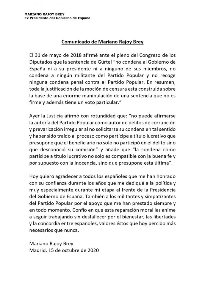 Rajoy cree que la sentencia del Supremo que ratifica que el PP se lucró con Gürtel es una 'reparación moral' y agradece a los militantes su apoyo