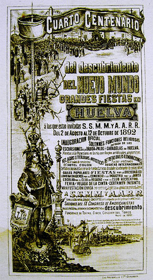 Cartel de Celebración del Cuarto Centenario del descubrimiento del Nuevo Mundo, 1892. Archivo Municipal de Huelva, Fondo Diego Díaz Hierro