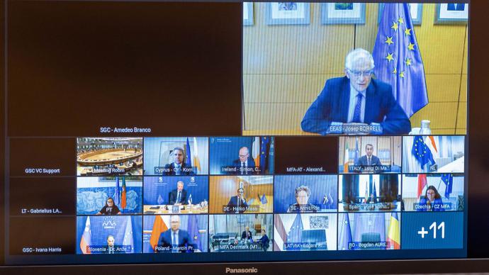 El jefe de la diplomacia europea, Josep Borrell, durante una reunión por videoconferencia con los ministros de Exteriores este martes. European Union